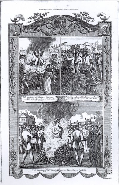 Männer und Frauen auf dem Scheiterhaufen verbrannt im Jahr 1557, aus einer Ausgabe von 